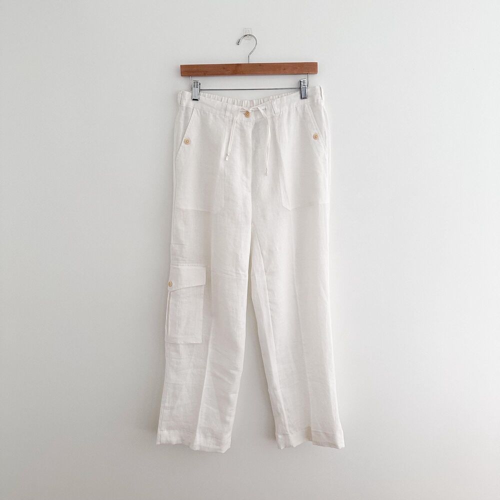 White 100% Linen Cargo Pants Utility Style Drawstring Waist Trousers Size S